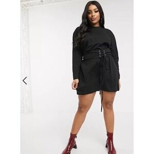 Black Corset Detail Jumper Dress By PrettyLittleThing Size 10 Long Sleeve Crew N